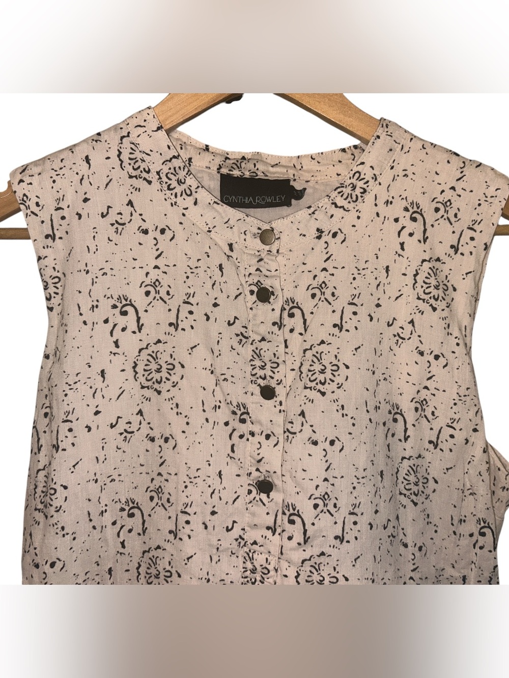 100% Linen Cynthia Rowley Dress Off White Black Floral Abstract Boho Size 14